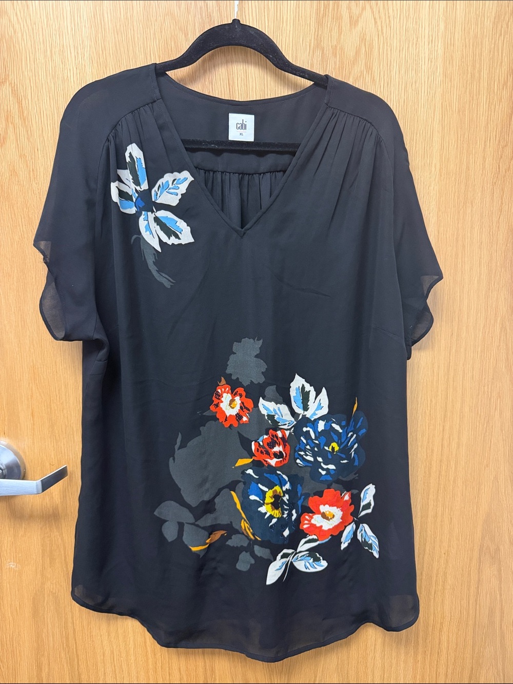 CAbi Sheer Black Artsy Floral V-Neck Tunic with Blue and Red Accents size XL
